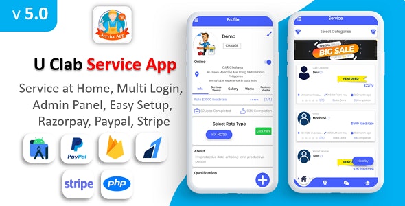 U Clab Service App – Service At Home – Payment Gateways Integrated – Multi Login