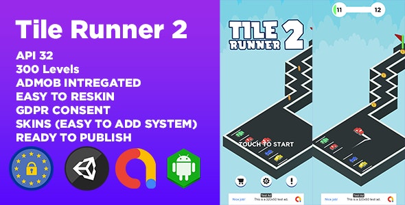 Tile Runner 2 (300 Levels + Unity Game Template + Admob Ads + GDPR Consent)