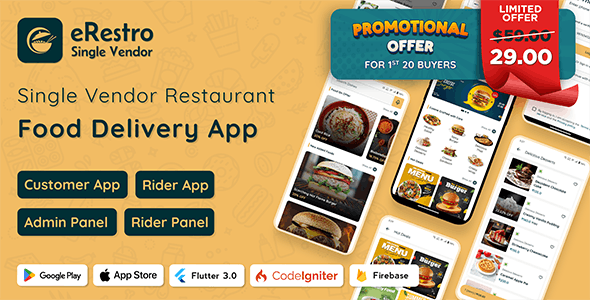 eRestro – Single Vendor Restaurant Flutter App | Food Ordering App with Admin Panel