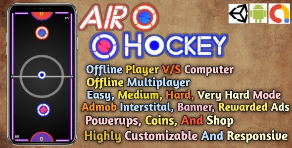 Air Hockey Game with Powerups and Coins, Admob Integrated