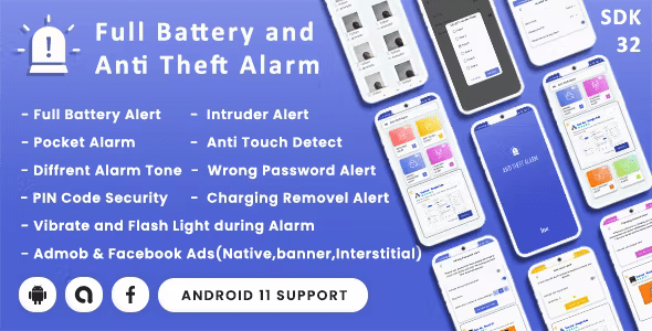 Full Battery and Anti Theft Alarm with Pocket Alert, Intruder & Wrong Password Alert(android11)