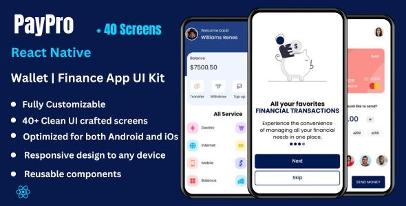 PayPro – Banking | Money Transfer App UI Kit Template | Digital Wallet | React Native App