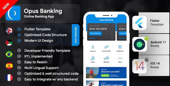 Online Banking Android App + Online Banking iOS App Template – Bank App – Opus Banking – Flutter