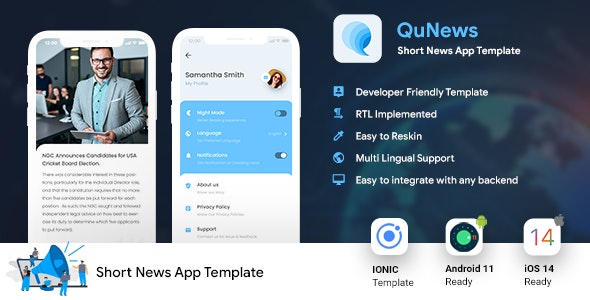 Short News Android App Template + iOS App Template | IONIC 5 | QuNews