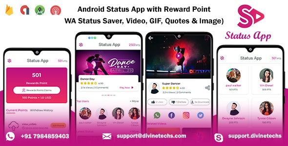 Android Status App With Reward Point (WA Status Saver + Video/Image/GIF/Quotes + Earn points)