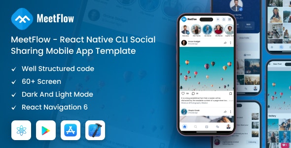 MeetFlow – React Native CLI Social Sharing Mobile App Template