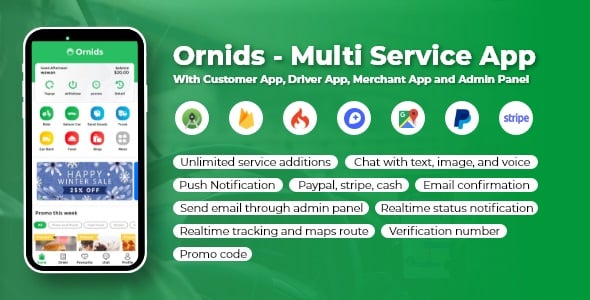 Ornids – Multi Service App With Customer App, Driver App, Merchant App and Admin Panel