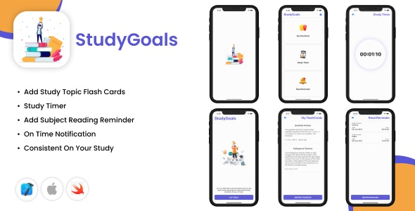 StudyGoals – iOS App – Reading Reminder – Study Timer – Study Flash Cards