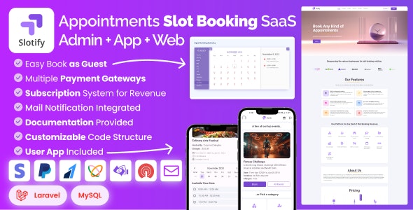 Slotify – Appointment Time Slot Booking SaaS Marketplace with Admin Panel with User App