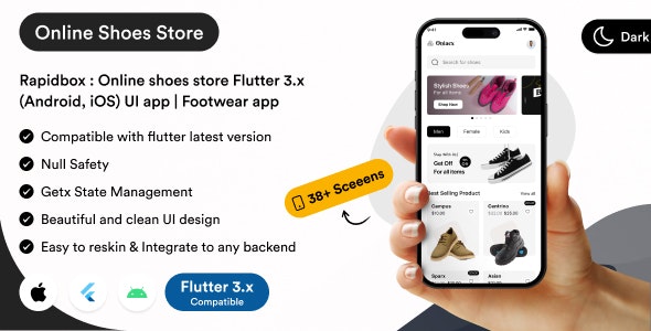 Rapidbox : Online shoes store Flutter 3.x (Android, iOS) UI app | Footwear app templates