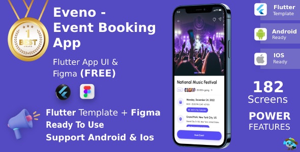 All Event Booking App | UI Kit | Flutter | Figma FREE | Life Time Update | Eveno