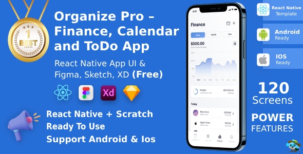 Finance, Calendar  ToDo App | React Native | Figma + XD + Sketch FREE | Life Time Update | ORGANIZE