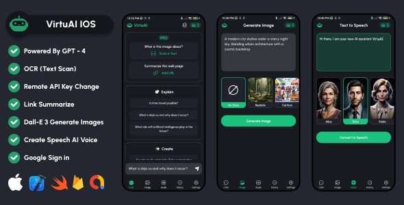 VirtuAI IOS ChatGPT GPT-4, Dall-E-3 AI Art Image, AI Voice Text to Speech Mobile SwiftUI IOS App
