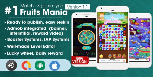 Fruit Mania – Match 3 Game Unity Template