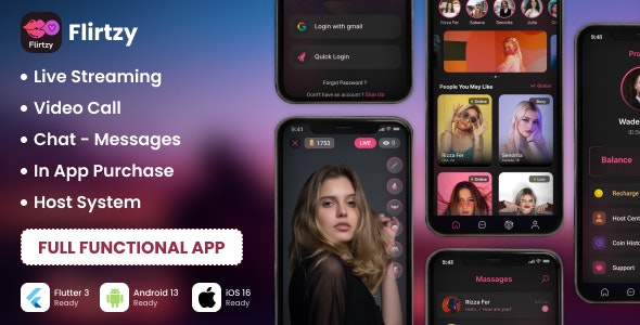 Flirtzy – Live streaming, Video Call, Chat, Host | Android | iOS | Node JS | React JS with Backend