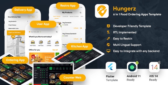 8 in 1 multi Restaurant Food Ordering App|Food Delivery App|Android+iOS App Template|Flutter Hungerz