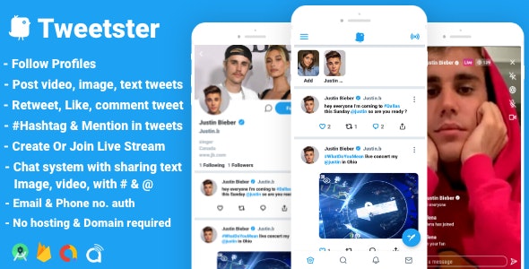 Tweetster – Twitter clone social network app Follow Chat Tweet Live android studio + firebase +admob