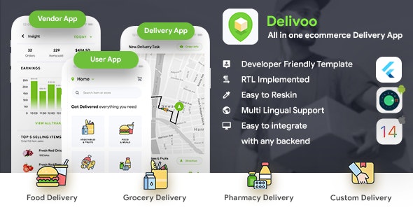 All in one ecommerce Flutter App Template| User App + Vendor App + Delivery App – Delivoo