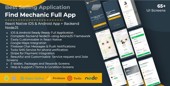 Find Mechanic – Premium React Native Full Application with Backend NodeJS for iOS  Android