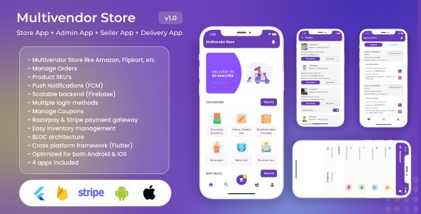 Multivendor Store (Amazon, Flipkart, Walmart) with Seller App, Admin App and Delivery App (4 Apps)