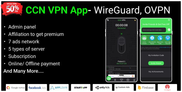 CCN VPN App- WireGuard, OVPN | Admin Panel, Refer  Earn, Admob, Facebook Ads, VPN Subscription Plan