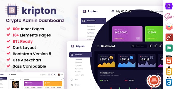 Kripton – Crypto HTML, React, Angular  Laravel Admin Dashboard Template + RTL Ready