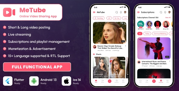 Metube – Video sharing app, Youtube clone in Flutter | Android | iOS with admin panel