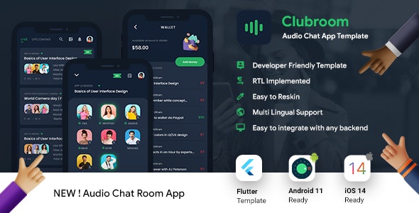 Clubhouse Audio Chat Android App Template + iOS App Template | FLUTTER 2 | ClubRoom