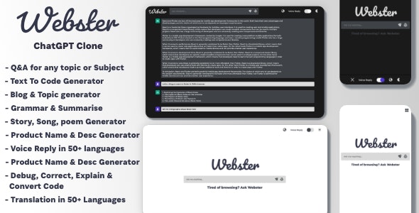 Webster – ChatGPT Clone Text to Code QA Blog Generator Grammar Summarise Translate SEO Page Builder