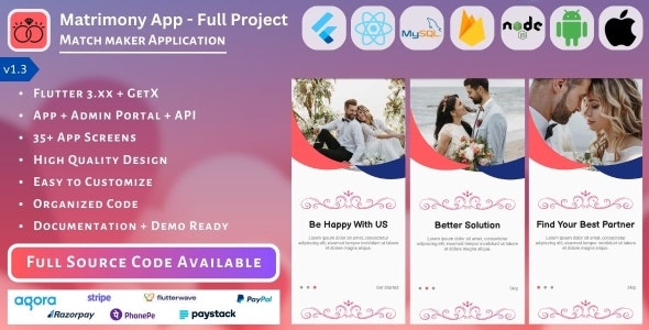 Matrimony App | Match Maker | Life Partner – Full Project (Mobile App, Admin Panel, API, Database)