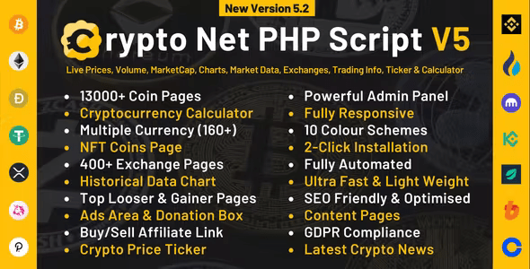 Crypto Net – CoinMarketCap, Prices, Chart, Exchanges, Crypto Tracker, Calculator  Ticker PHP Script 5.5