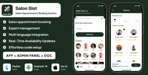 Salon Slot : Salon Appointment Booking, Service Management app | Flutter | Android iOS | Admin Panel