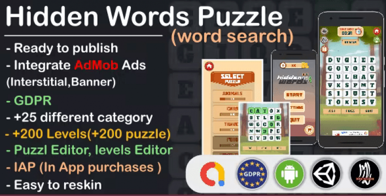 Hidden Words, word search puzzle (Complete unity game + AdMob + GDPR) 2.0