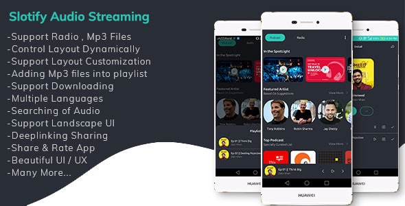 Slotify App (Mp3 , Live Radio , Podcast ) – Audio Streaming Solution + Admin Panel