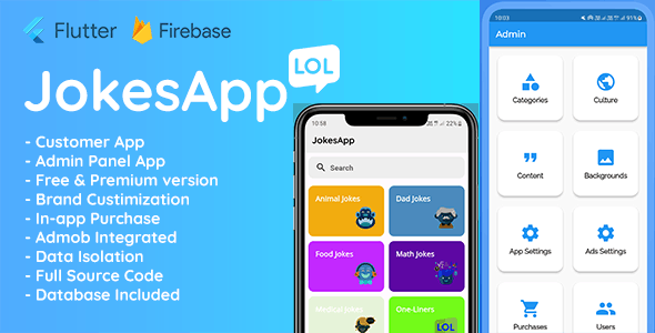 Jokes App – Mobile Flutter Application, Customer App and Admin Panel App