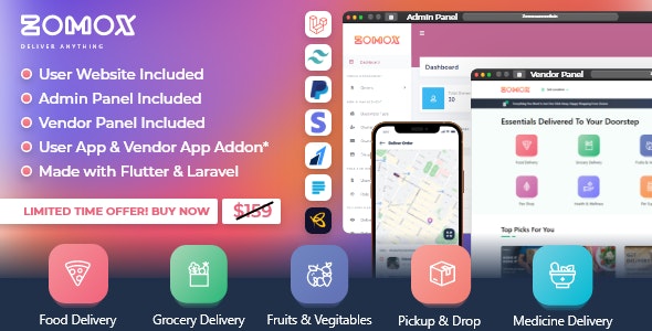 Zomox Grocery, Food, Pharmacy Courier  Service Provider + Backend + Driver app