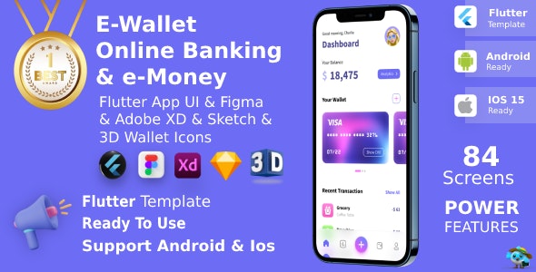 E-Wallet App ANDROID + IOS + FIGMA + Sketch + 3D Icons | UI Kit | Flutter