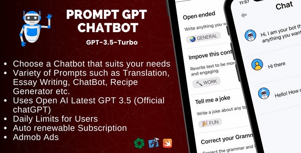 PromptGPT for IOS – AI Multi Chatbot based on ChatGPT GPT 3.5 and OpenAI | IOS Swift Full Applicatio