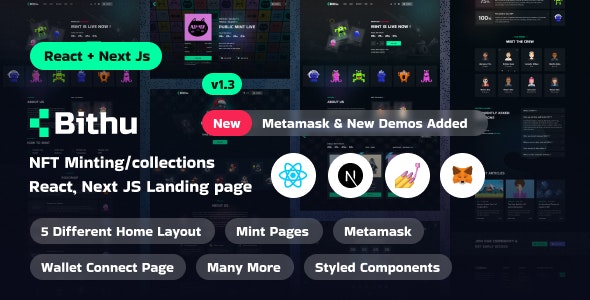 Bithu – NFT Minting/Collection React, Next JS Landing Page Template