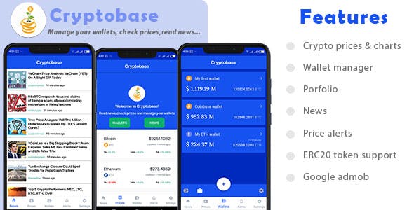 Cryptobase – Manage your cryptocurrency wallets, Price chart, News, Market cap, ERC20 token support, Admob