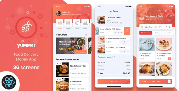 Yummer – Food React Native Template.