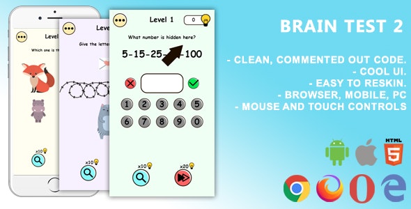 Brain Test 2. Mobile, Html5 Game .c3p (Construct 3)