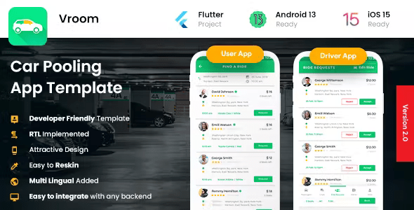 4 App Template| Carpooling App| Bike Pooling App| Ride Sharing App|Car sharing App| Vroom