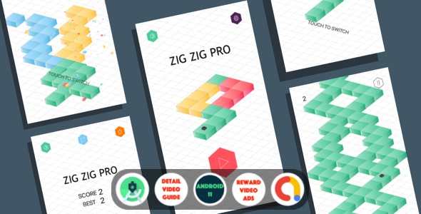 Zig Zig Pro: (Android Studio+Admob+Reward Video ads+Inapp purchase+Leaderboards)