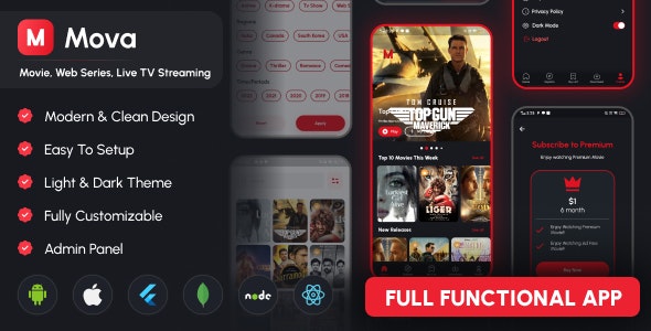 Mova – Movie, Web series, Live TV Streaming Flutter App script with Admin Panel