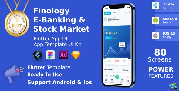 Online Banking Digital Wallet, Stock Market ANDROID + IOS + Figma + XD + Sketch | Flutter | Finology