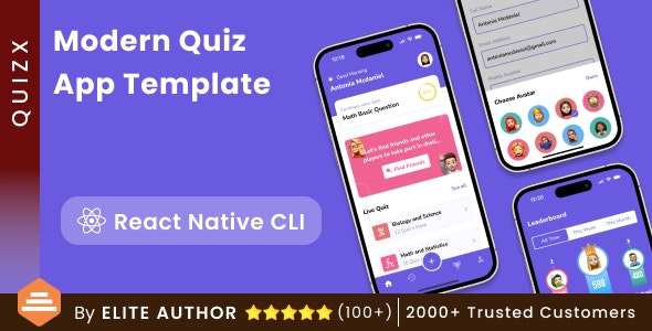 Modern Quiz Solo App + Multiplayer quiz app + 1vs1 quiz App Template | React Native CLI | QuizX