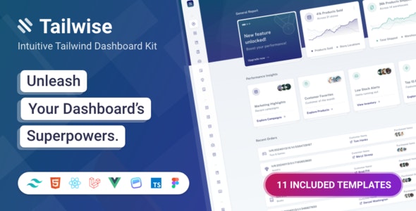 Tailwise – Tailwind CSS HTML, Vue, React, Laravel Admin Dashboard Kit + Figma Design File