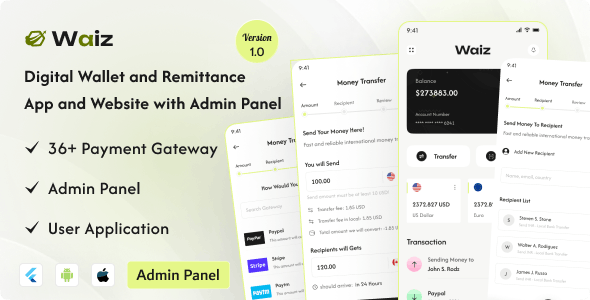 Waiz – Digital Wallet and Remittance App and Website with Admin Panel 1.2