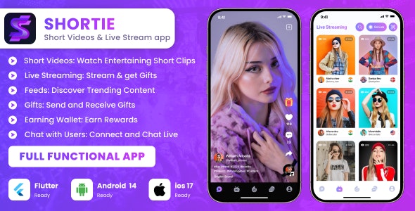 Shortie – Short video  Live streaming app with admin panel | Flutter script | Android | iOS